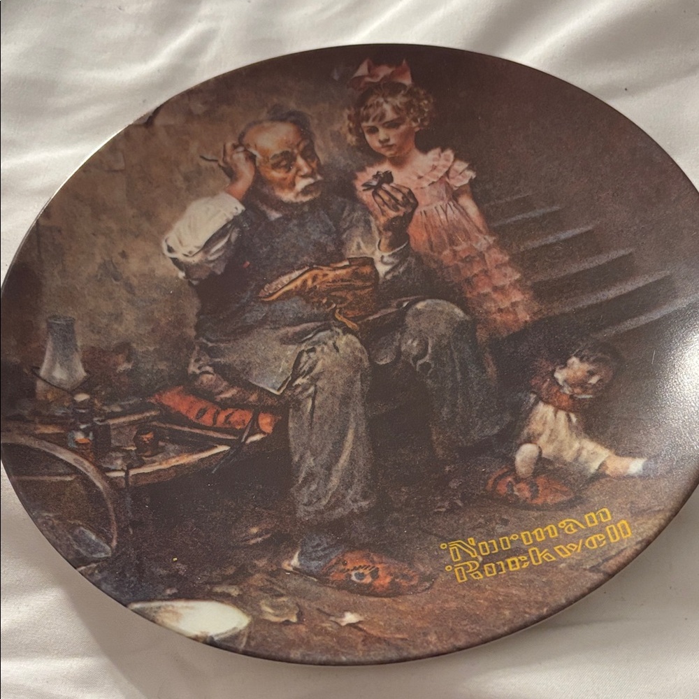 Norman Rockwell Ceramic Plate - The Cobbler Brown and Cream Artistry